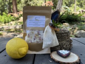 Bath soak in pouch with magnesium and herbal bath tea.